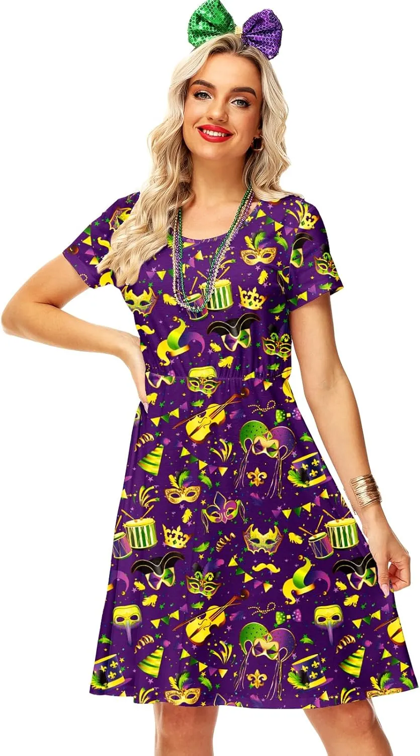 Women Madi Gras Print Dress St Patricks Short Sleeve Dresses Clover Tunic Dress