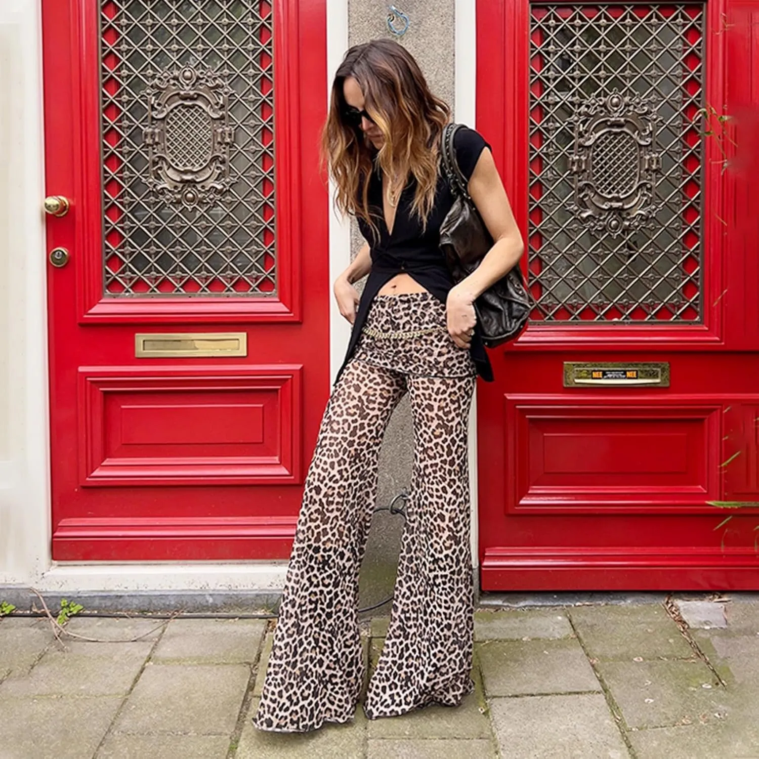 Women Rave Mesh Sheer Pants Flared Bell Bottom Pants for Dance Festival Clubwear