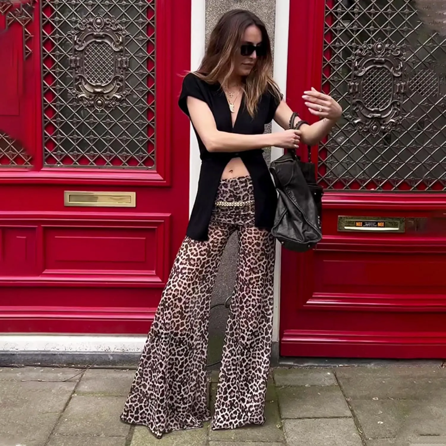 Women Rave Mesh Sheer Pants Flared Bell Bottom Pants for Dance Festival Clubwear