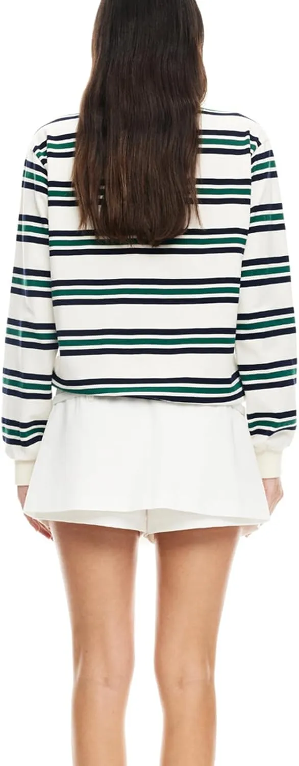 Women Rugby Polo Shirt Vintage Long Sleeve Oversized Striped Shirt Y2k Lapel Collar Pullover Crop Top 90s Streetwear