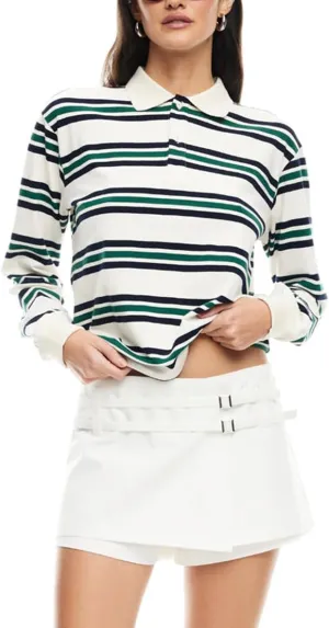 Women Rugby Polo Shirt Vintage Long Sleeve Oversized Striped Shirt Y2k Lapel Collar Pullover Crop Top 90s Streetwear
