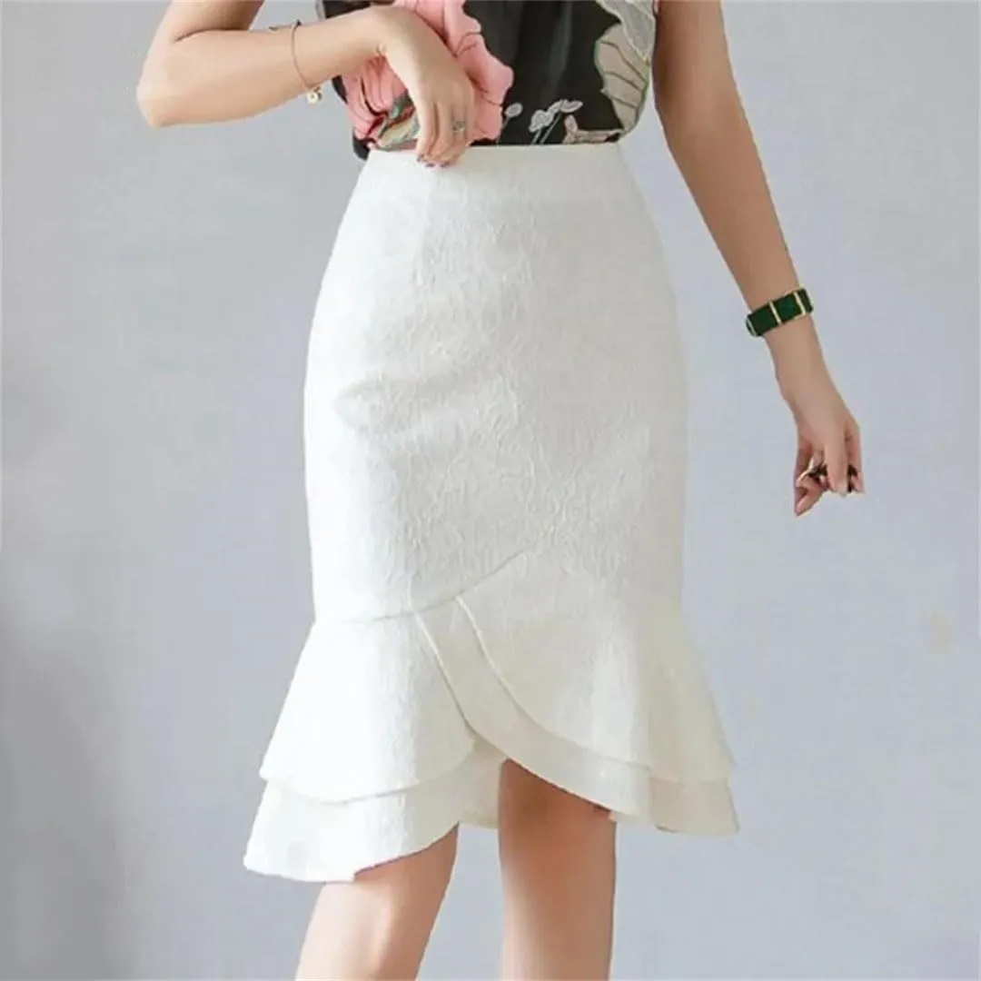 Women Summer High Waist Lace Skirts Sexy Office Ruffles Pencil Skirt