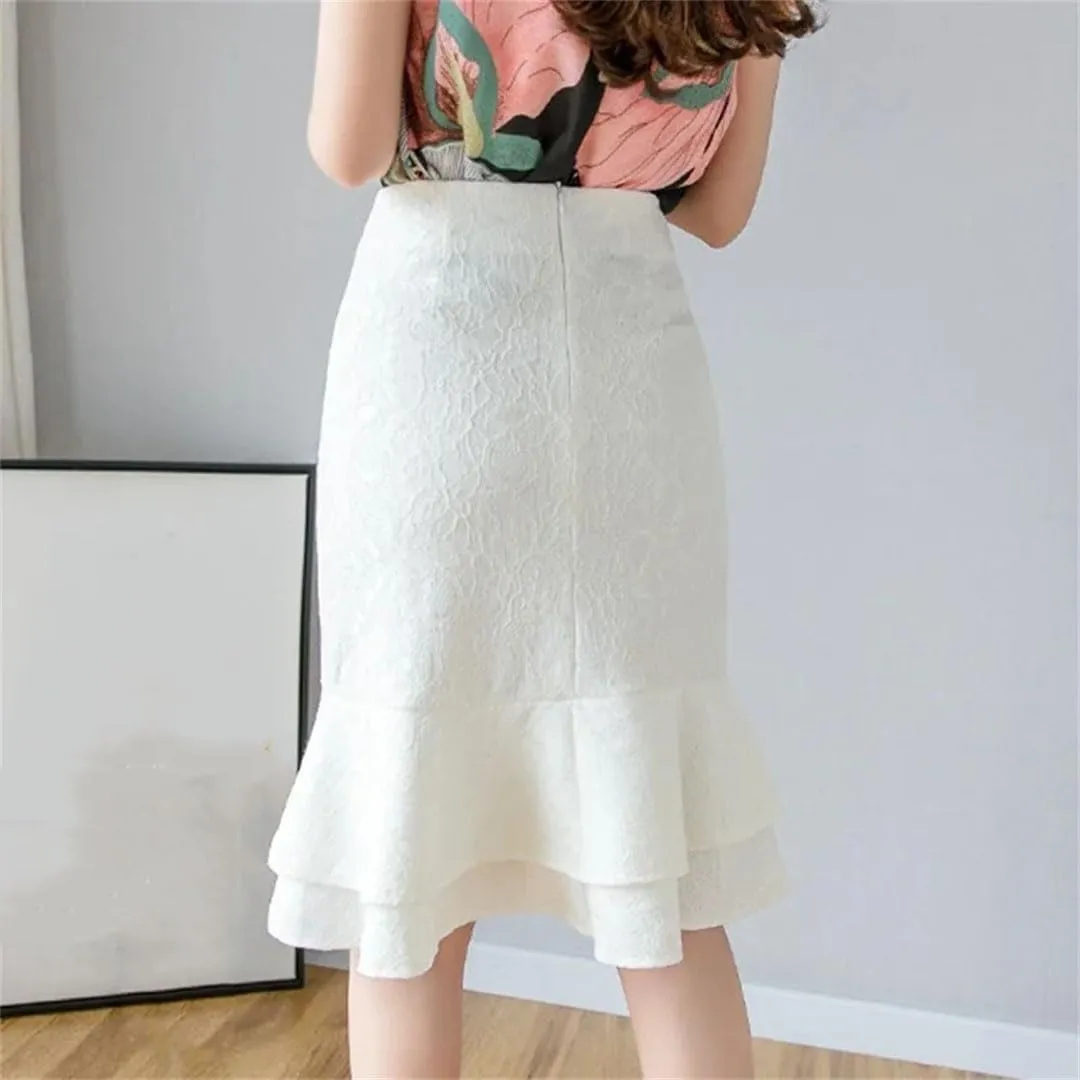 Women Summer High Waist Lace Skirts Sexy Office Ruffles Pencil Skirt