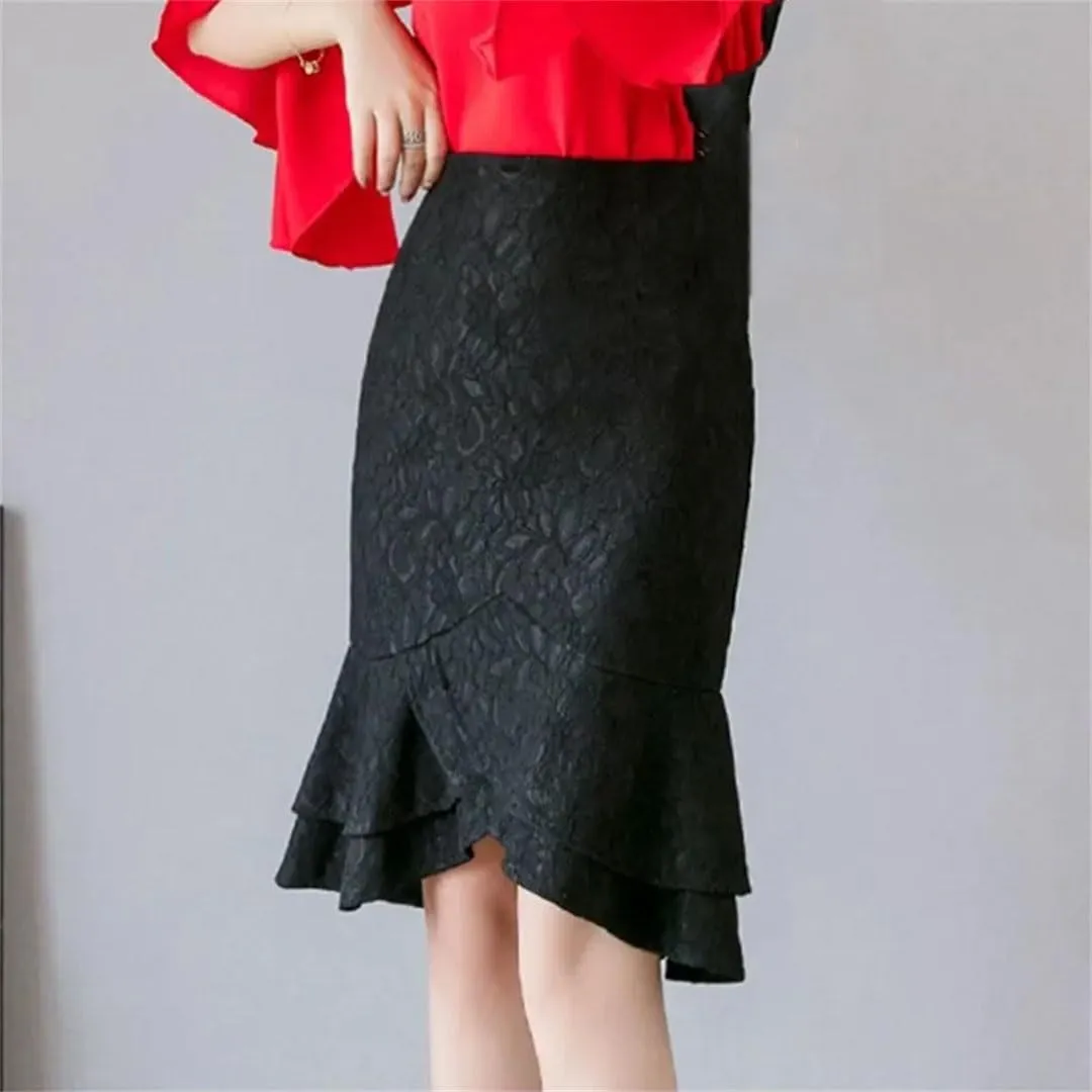 Women Summer High Waist Lace Skirts Sexy Office Ruffles Pencil Skirt