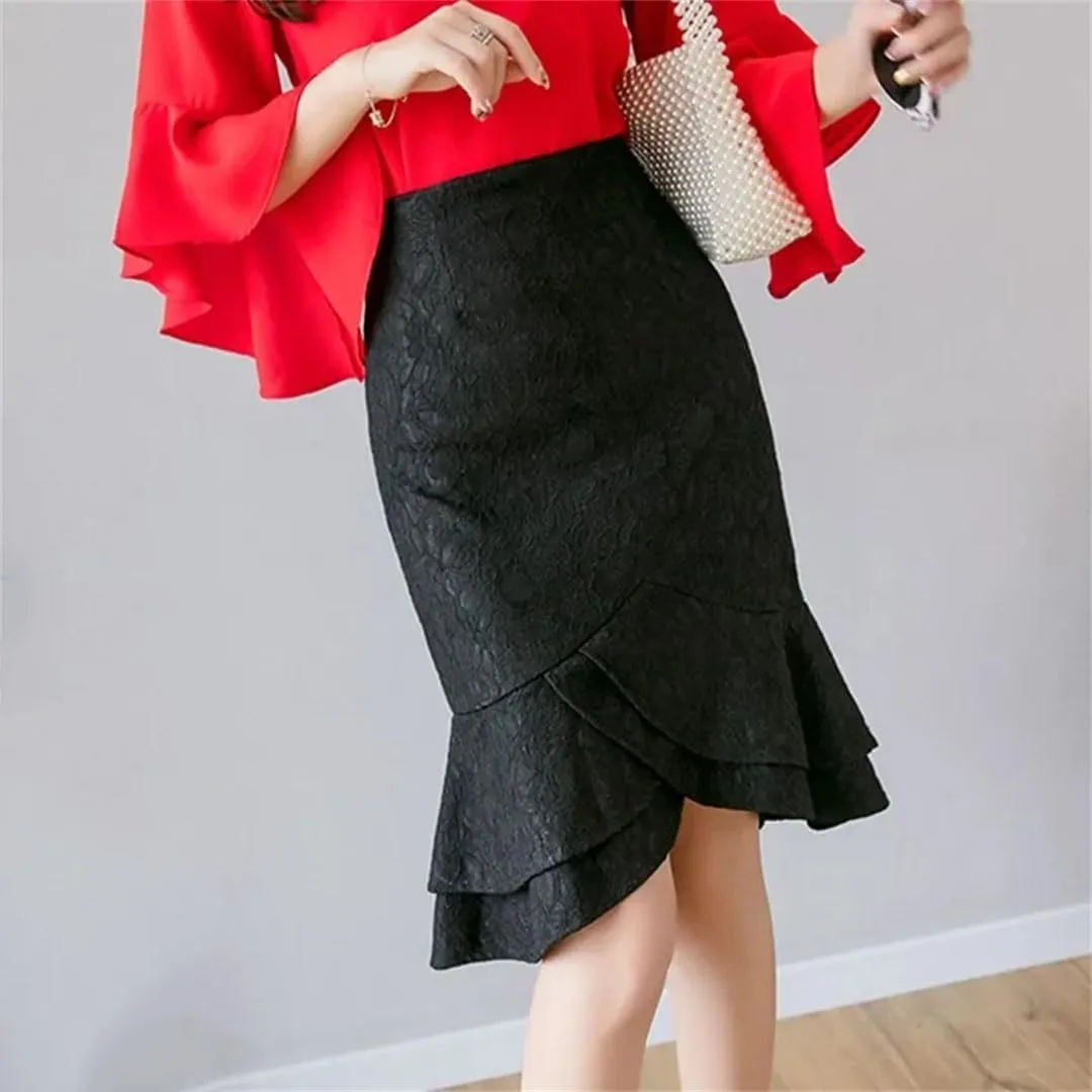 Women Summer High Waist Lace Skirts Sexy Office Ruffles Pencil Skirt