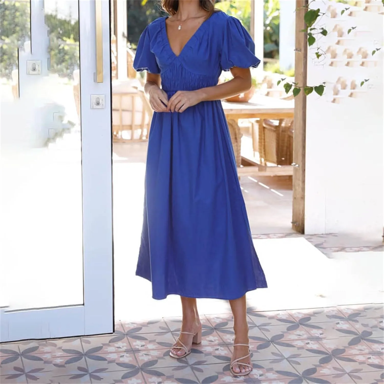Women V Neck Waist High Waisted Solid Color Bubble Sleeve Dress
