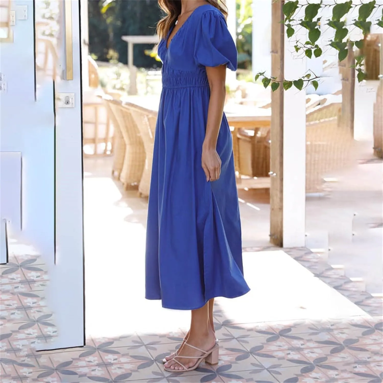 Women V Neck Waist High Waisted Solid Color Bubble Sleeve Dress