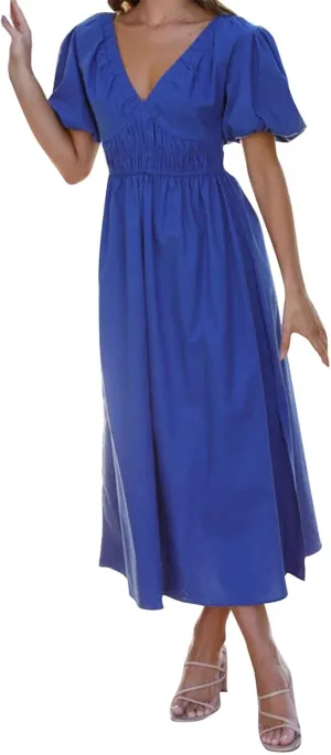 Women V Neck Waist High Waisted Solid Color Bubble Sleeve Dress