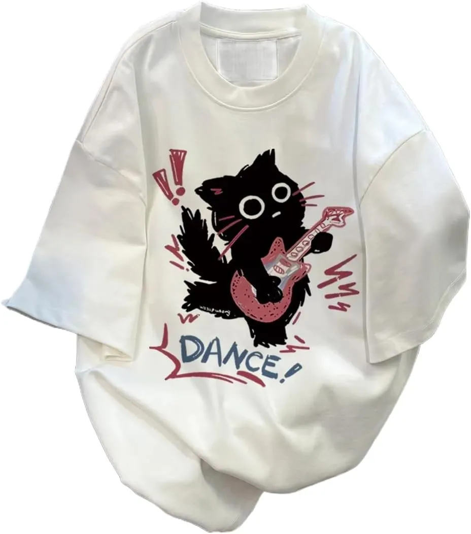 Women Vintage T-Shirt Y2K Cat Graphic Harajuku Tee Tops Summer Emo Grunge Oversized Streetwear Preppy Gothtic Clothes