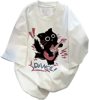 Women Vintage T-Shirt Y2K Cat Graphic Harajuku Tee Tops Summer Emo Grunge Oversized Streetwear Preppy Gothtic Clothes