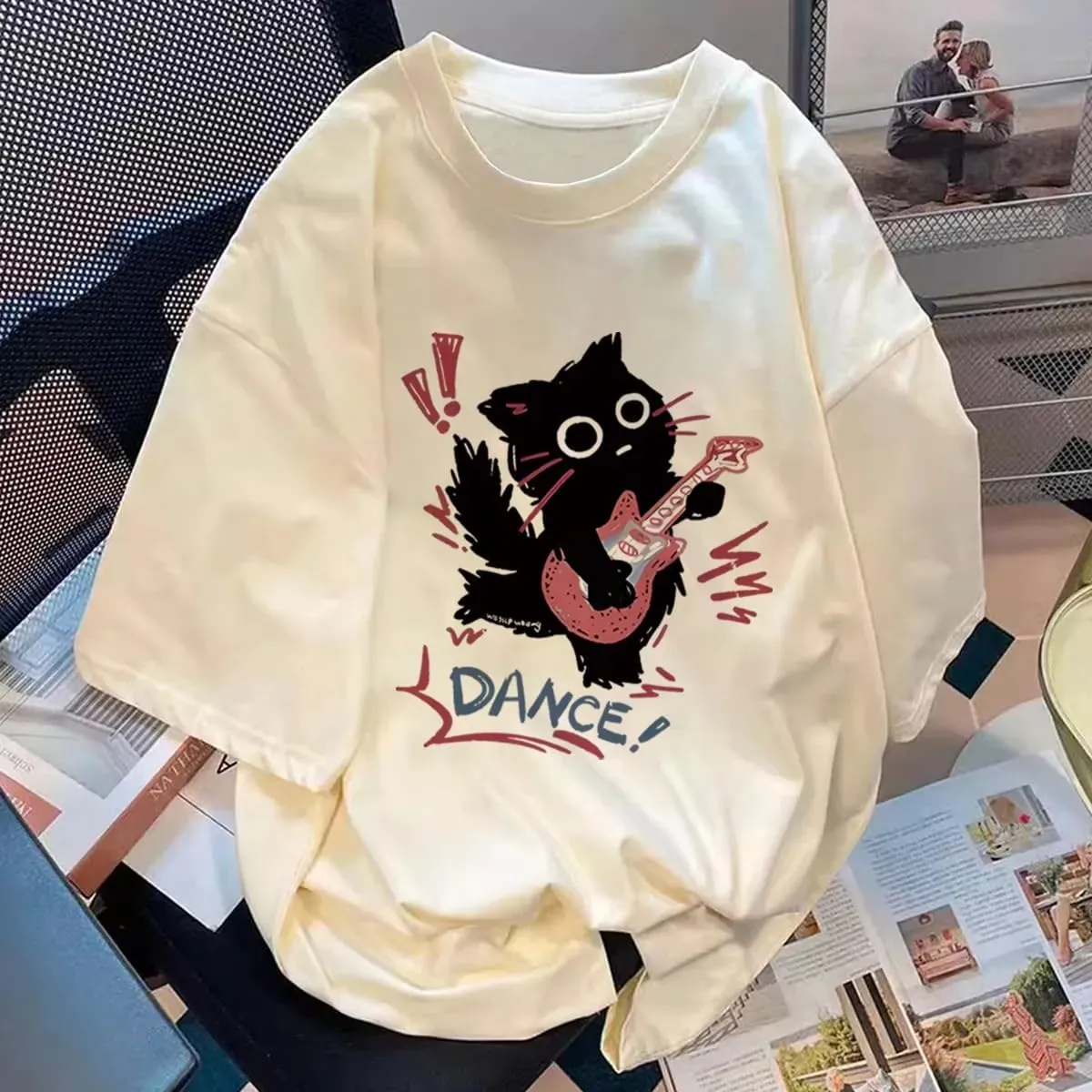 Women Vintage T-Shirt Y2K Cat Graphic Harajuku Tee Tops Summer Emo Grunge Oversized Streetwear Preppy Gothtic Clothes