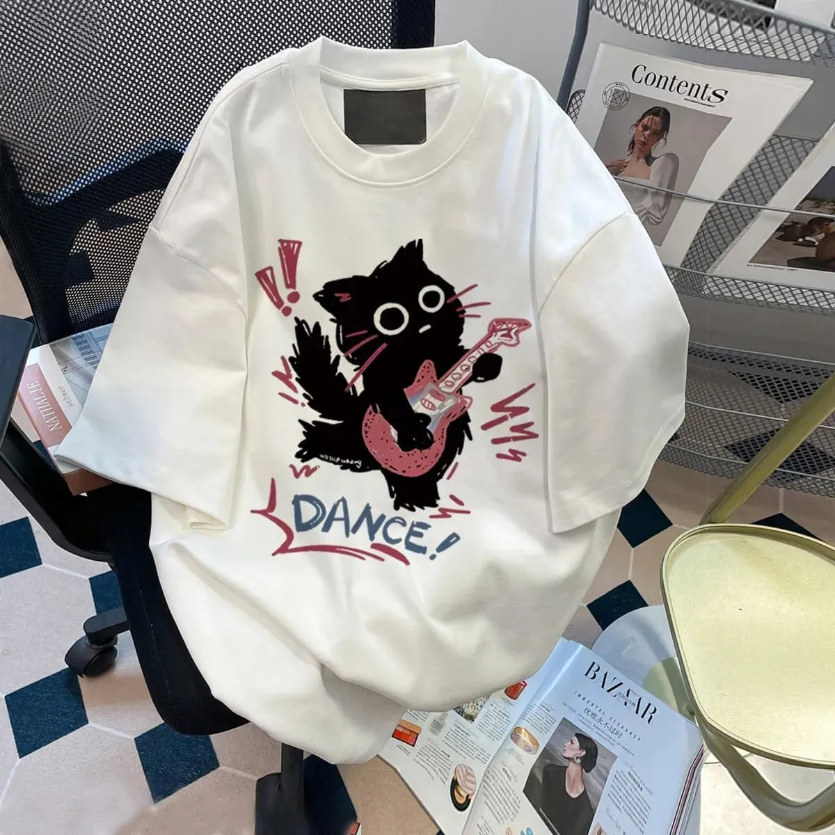 Women Vintage T-Shirt Y2K Cat Graphic Harajuku Tee Tops Summer Emo Grunge Oversized Streetwear Preppy Gothtic Clothes