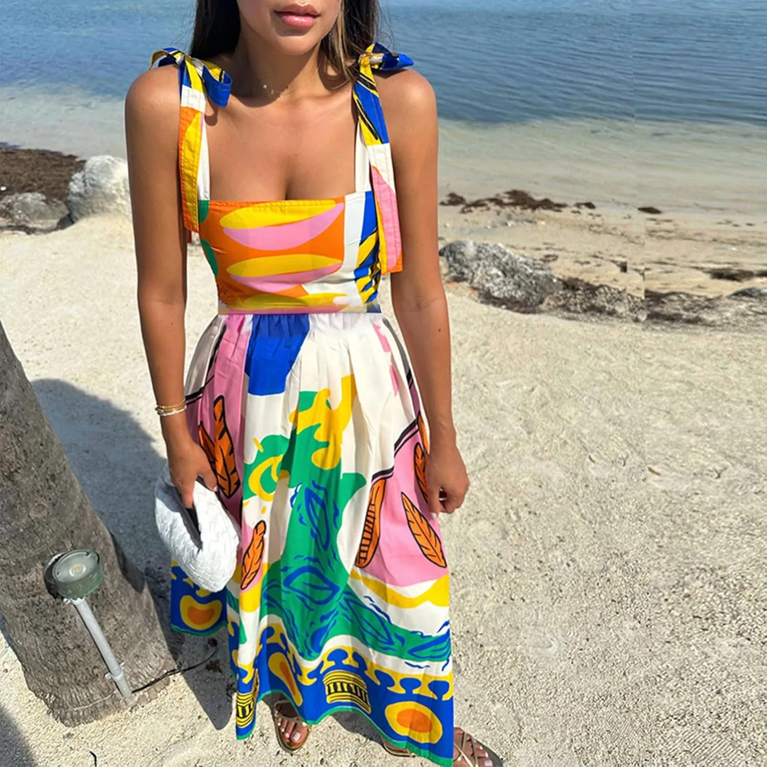 Women Y2k Summer Bohemia Dress Graffiti Square Neck Tie Shoulder Maxi Dress 2024 Backless Beach Sundress