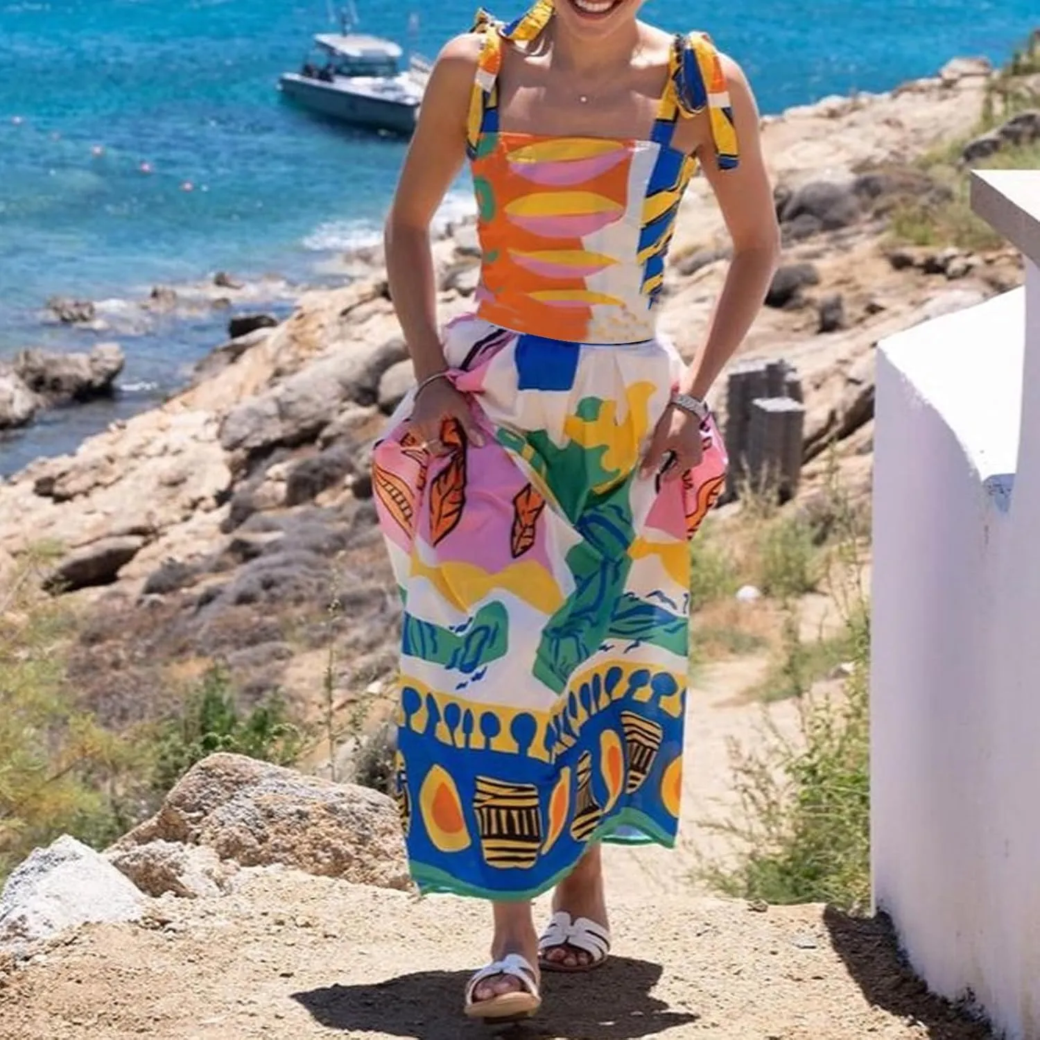Women Y2k Summer Bohemia Dress Graffiti Square Neck Tie Shoulder Maxi Dress 2024 Backless Beach Sundress