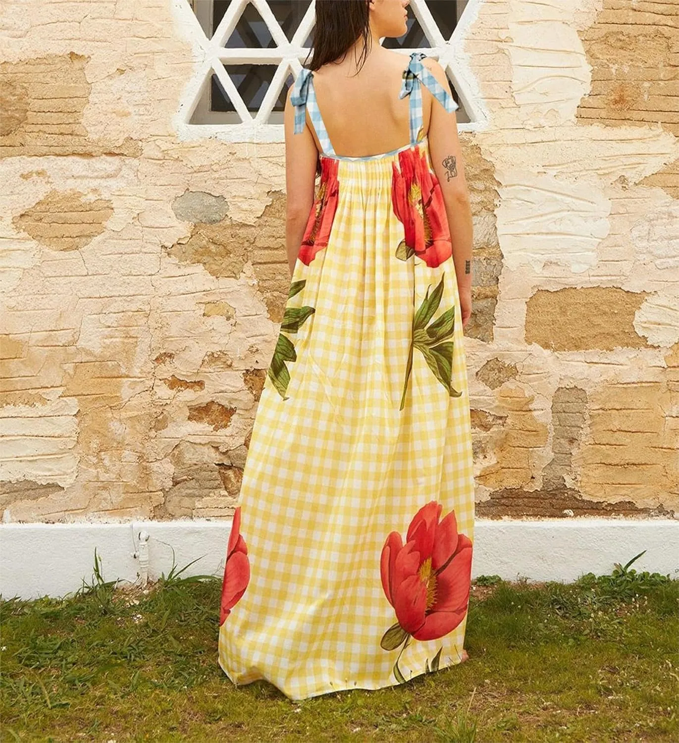 Women Y2k Summer Bohemia Dress Graffiti Square Neck Tie Shoulder Maxi Dress 2024 Backless Beach Sundress