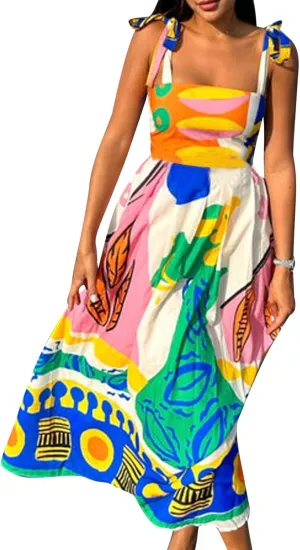 Women Y2k Summer Bohemia Dress Graffiti Square Neck Tie Shoulder Maxi Dress 2024 Backless Beach Sundress