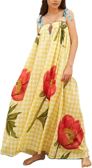 Women Y2k Summer Bohemia Dress Graffiti Square Neck Tie Shoulder Maxi Dress 2024 Backless Beach Sundress