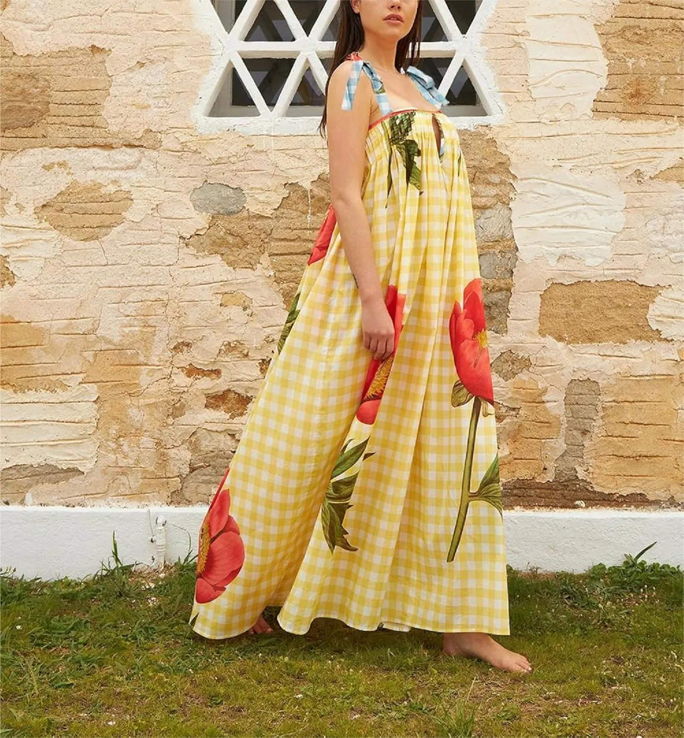 Women Y2k Summer Bohemia Dress Graffiti Square Neck Tie Shoulder Maxi Dress 2024 Backless Beach Sundress