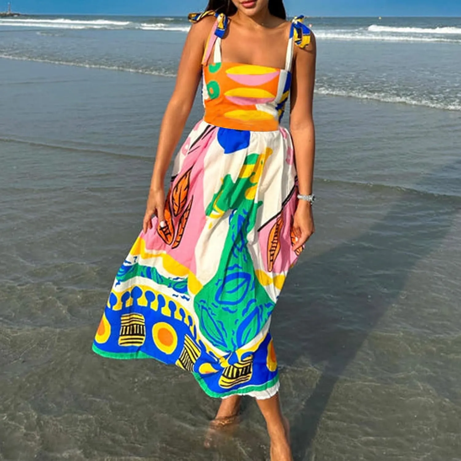 Women Y2k Summer Bohemia Dress Graffiti Square Neck Tie Shoulder Maxi Dress 2024 Backless Beach Sundress