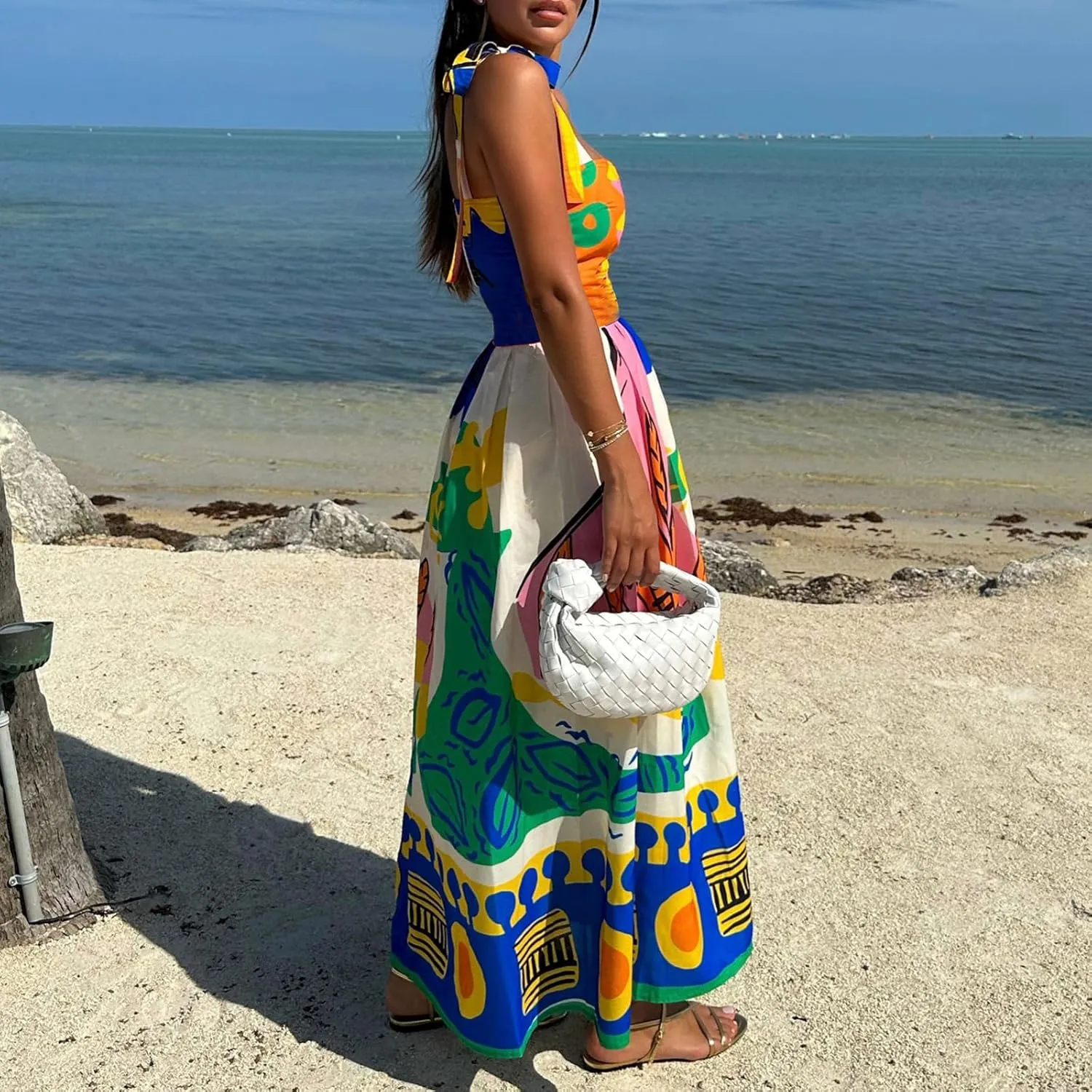 Women Y2k Summer Bohemia Dress Graffiti Square Neck Tie Shoulder Maxi Dress 2024 Backless Beach Sundress