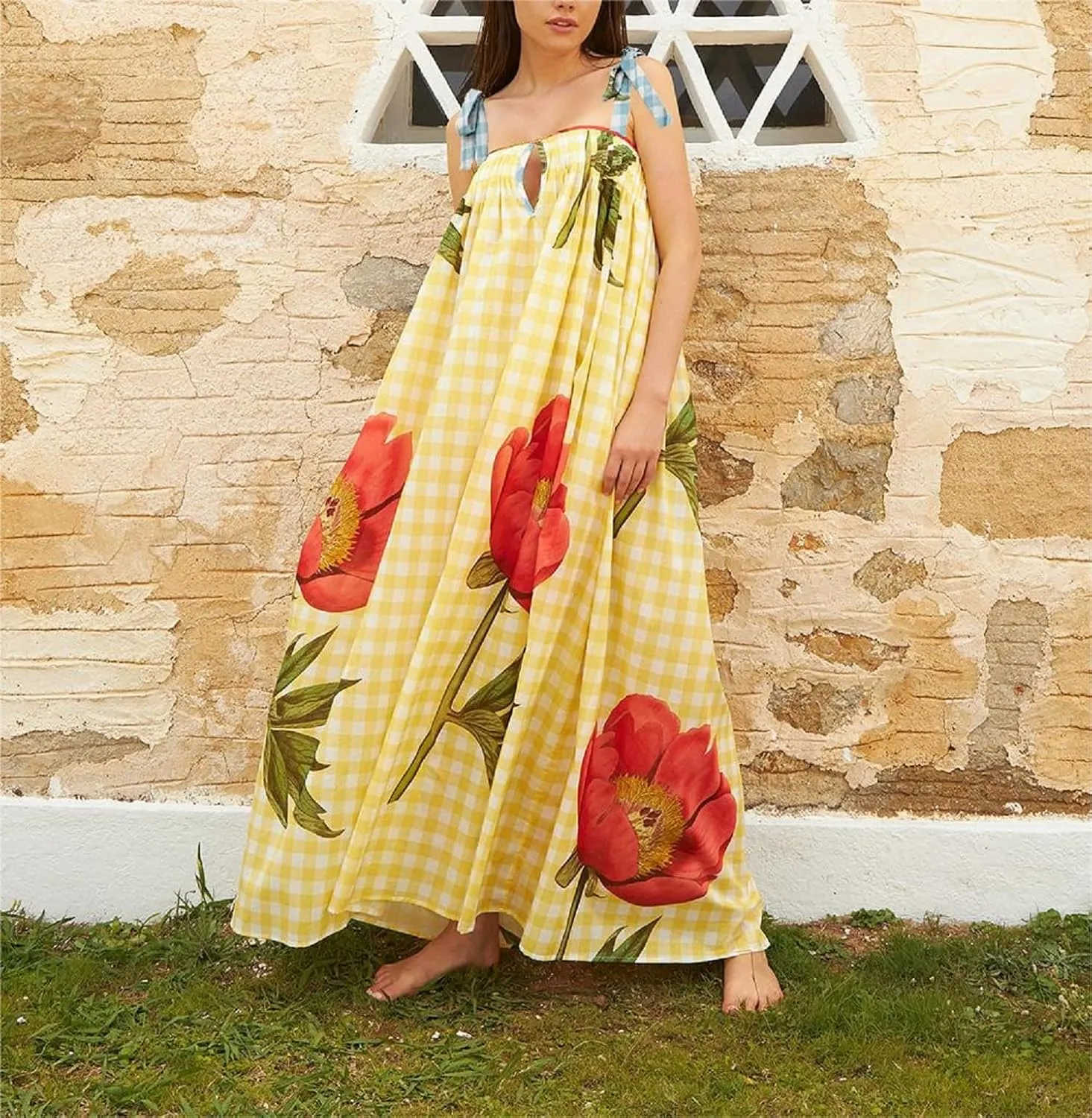 Women Y2k Summer Bohemia Dress Graffiti Square Neck Tie Shoulder Maxi Dress 2024 Backless Beach Sundress