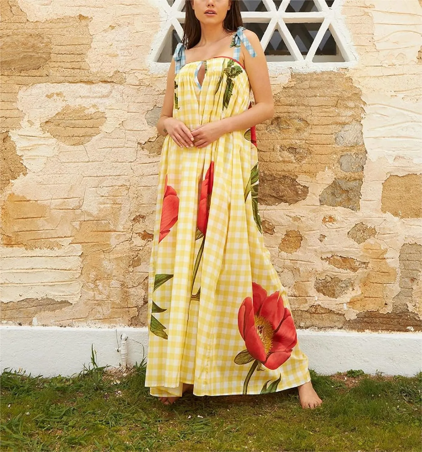 Women Y2k Summer Bohemia Dress Graffiti Square Neck Tie Shoulder Maxi Dress 2024 Backless Beach Sundress