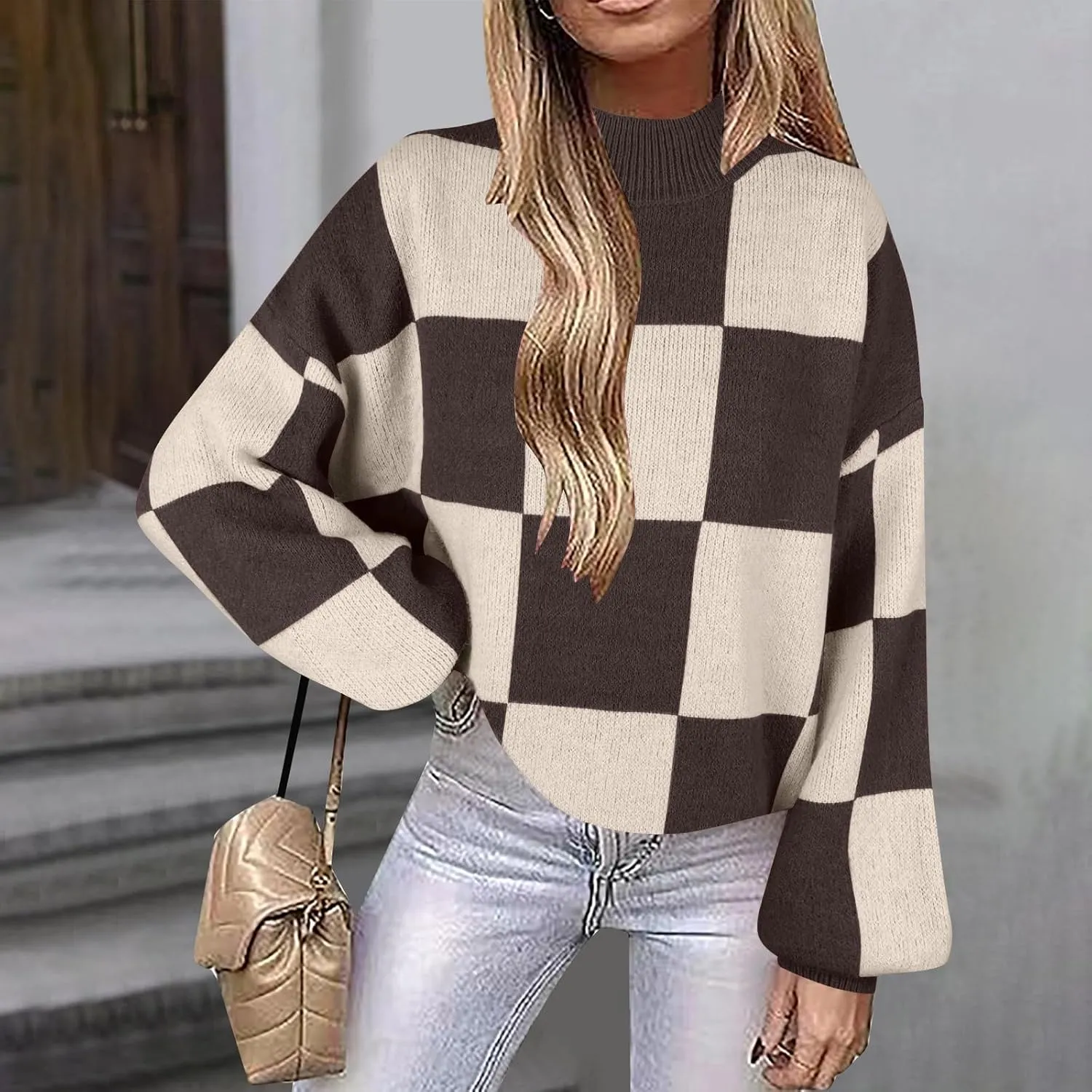 Women's 2024 Fall Fashion Long Sleeve Crewneck Sweaters Color Block Ribbed Knit Loose Pullover Sweater Tops Winter