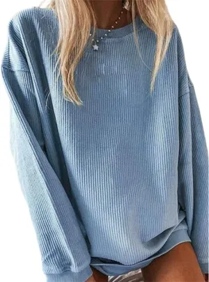 Womens Crewneck Oversized Corduroy Corded Sweatshirt Casual Long Sleeve Trendy Pullover Comfy Tops