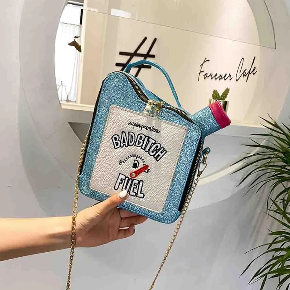 Women's Embroidered Alphabet Oil Pot Handbag, Laser Sequin Kettle Shoulder Purse, Funny Gasoline Chain Crossbody Bag Tote