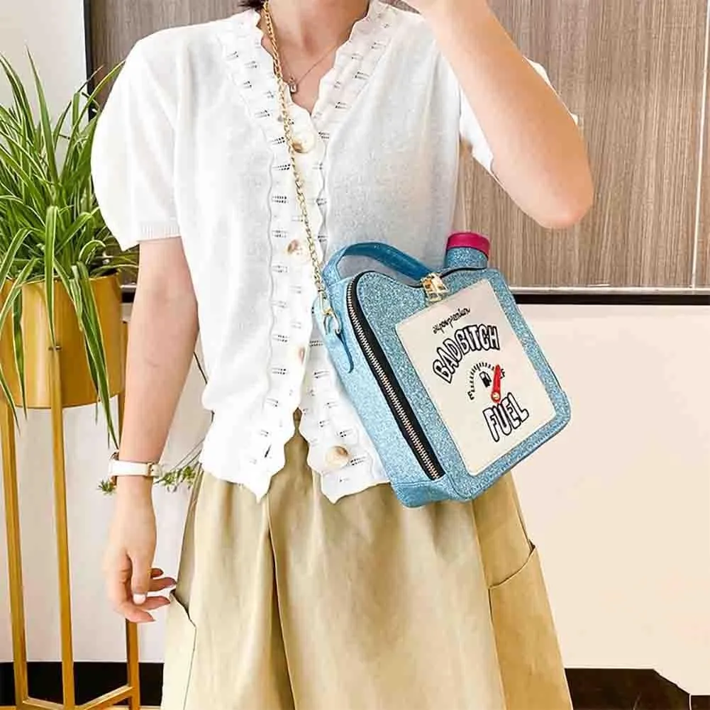 Women's Embroidered Alphabet Oil Pot Handbag, Laser Sequin Kettle Shoulder Purse, Funny Gasoline Chain Crossbody Bag Tote