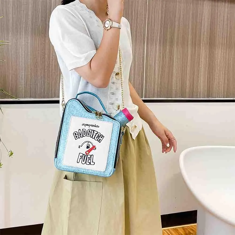 Women's Embroidered Alphabet Oil Pot Handbag, Laser Sequin Kettle Shoulder Purse, Funny Gasoline Chain Crossbody Bag Tote