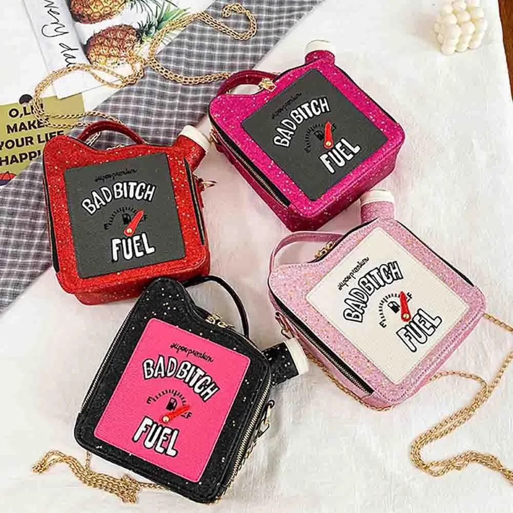 Women's Embroidered Alphabet Oil Pot Handbag, Laser Sequin Kettle Shoulder Purse, Funny Gasoline Chain Crossbody Bag Tote