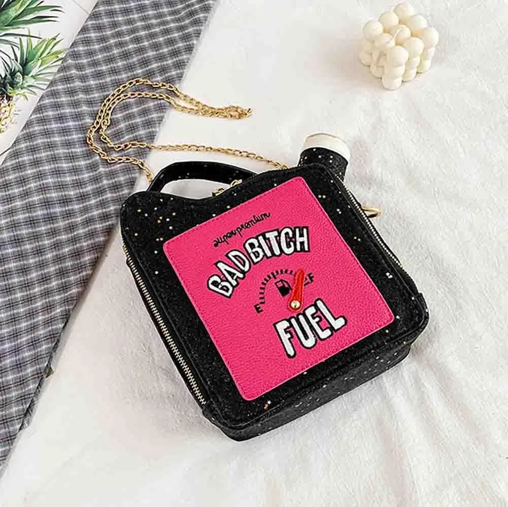 Women's Embroidered Alphabet Oil Pot Handbag, Laser Sequin Kettle Shoulder Purse, Funny Gasoline Chain Crossbody Bag Tote