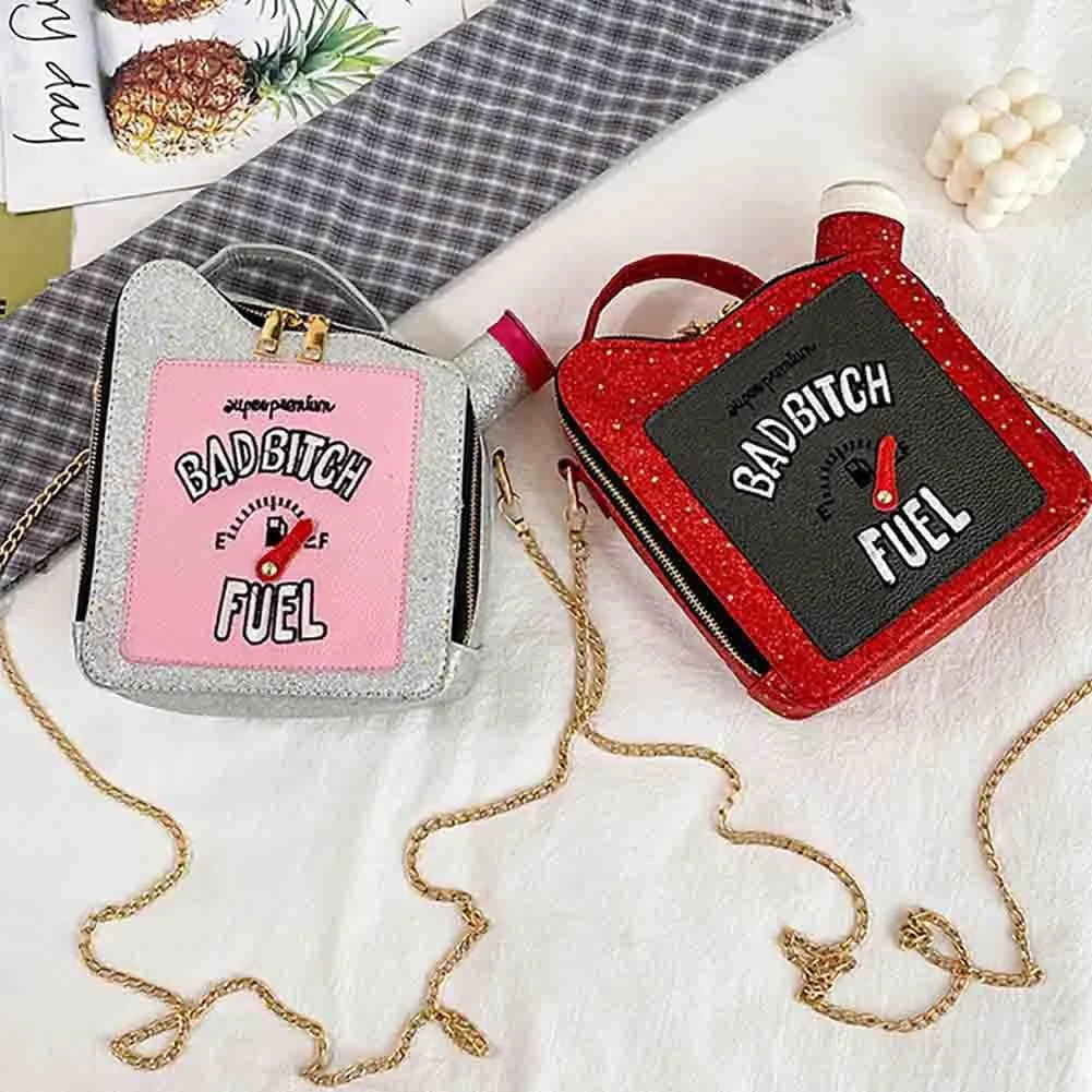 Women's Embroidered Alphabet Oil Pot Handbag, Laser Sequin Kettle Shoulder Purse, Funny Gasoline Chain Crossbody Bag Tote