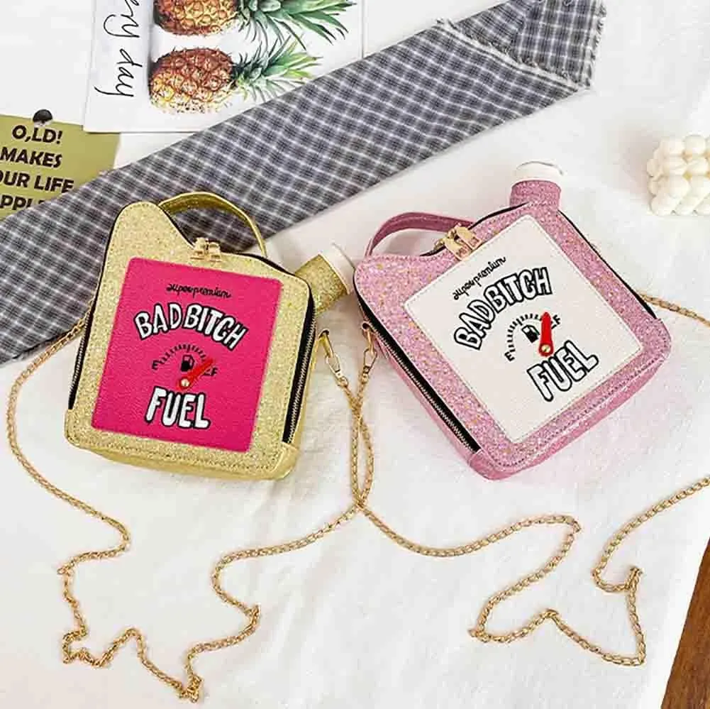 Women's Embroidered Alphabet Oil Pot Handbag, Laser Sequin Kettle Shoulder Purse, Funny Gasoline Chain Crossbody Bag Tote