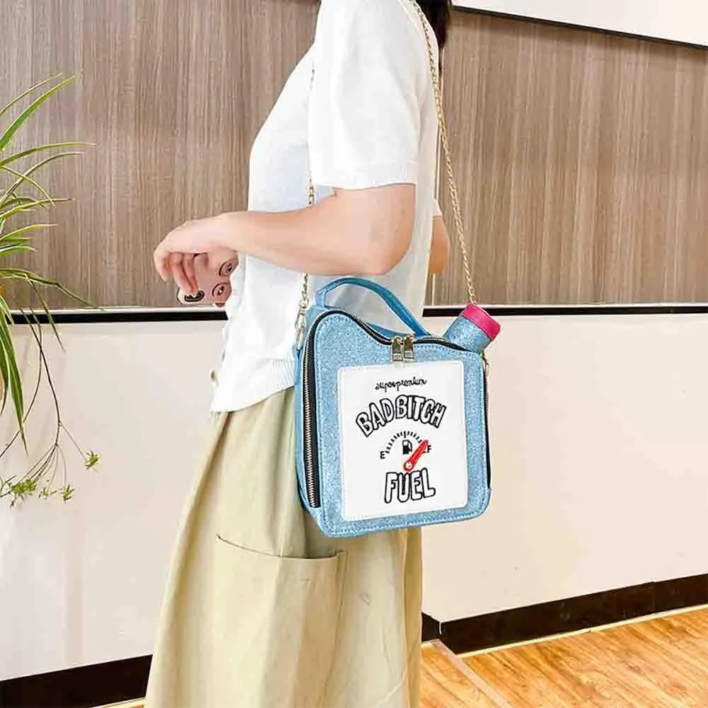 Women's Embroidered Alphabet Oil Pot Handbag, Laser Sequin Kettle Shoulder Purse, Funny Gasoline Chain Crossbody Bag Tote
