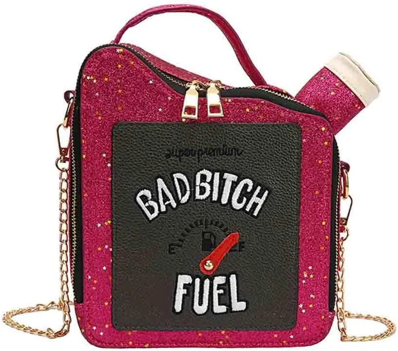 Women's Embroidered Alphabet Oil Pot Handbag, Laser Sequin Kettle Shoulder Purse, Funny Gasoline Chain Crossbody Bag Tote