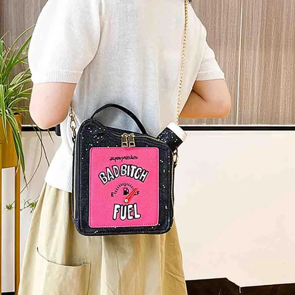 Women's Embroidered Alphabet Oil Pot Handbag, Laser Sequin Kettle Shoulder Purse, Funny Gasoline Chain Crossbody Bag Tote
