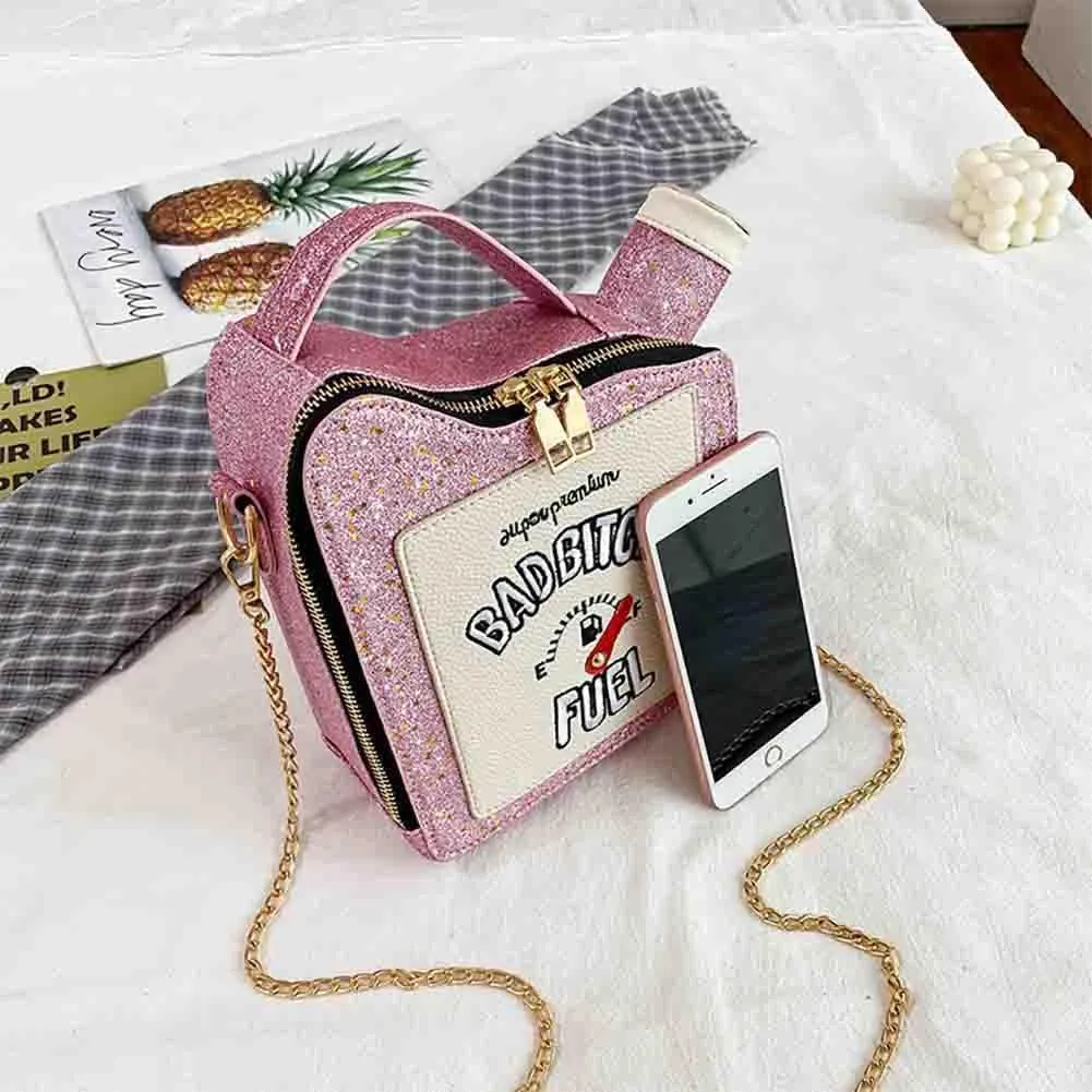 Women's Embroidered Alphabet Oil Pot Handbag, Laser Sequin Kettle Shoulder Purse, Funny Gasoline Chain Crossbody Bag Tote