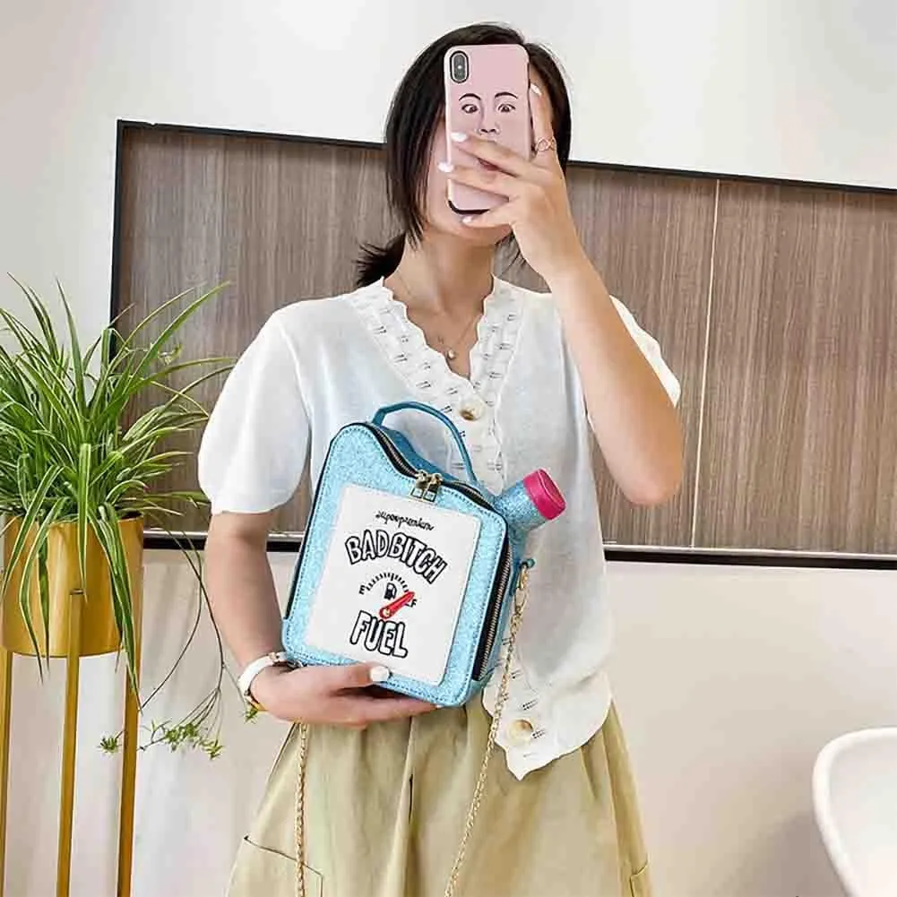 Women's Embroidered Alphabet Oil Pot Handbag, Laser Sequin Kettle Shoulder Purse, Funny Gasoline Chain Crossbody Bag Tote