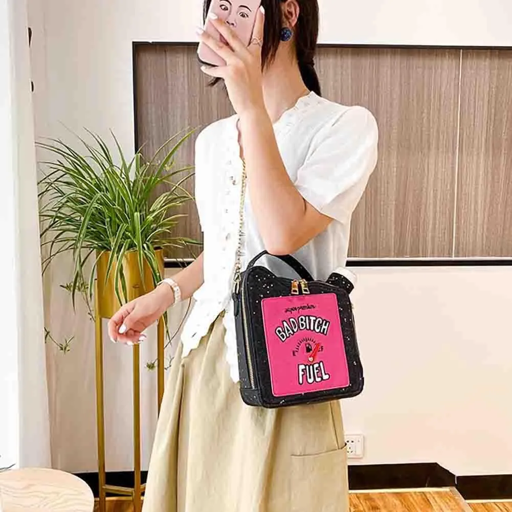 Women's Embroidered Alphabet Oil Pot Handbag, Laser Sequin Kettle Shoulder Purse, Funny Gasoline Chain Crossbody Bag Tote