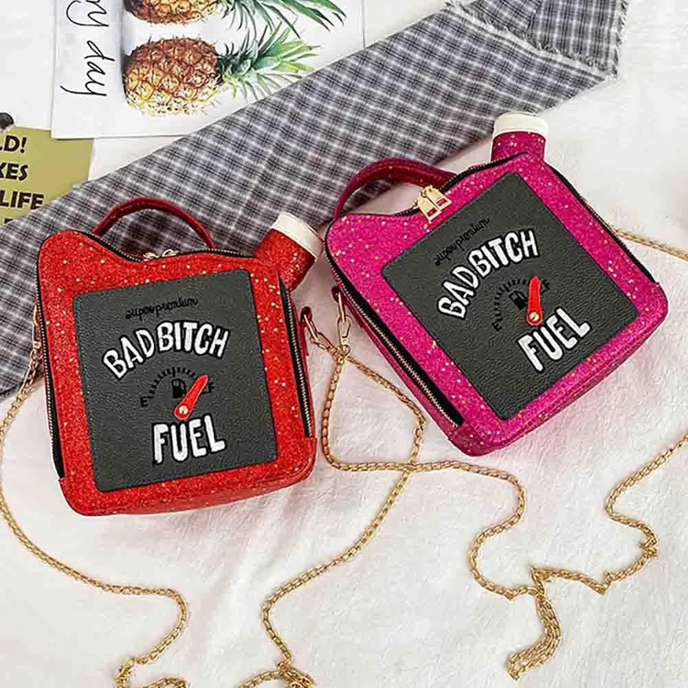 Women's Embroidered Alphabet Oil Pot Handbag, Laser Sequin Kettle Shoulder Purse, Funny Gasoline Chain Crossbody Bag Tote