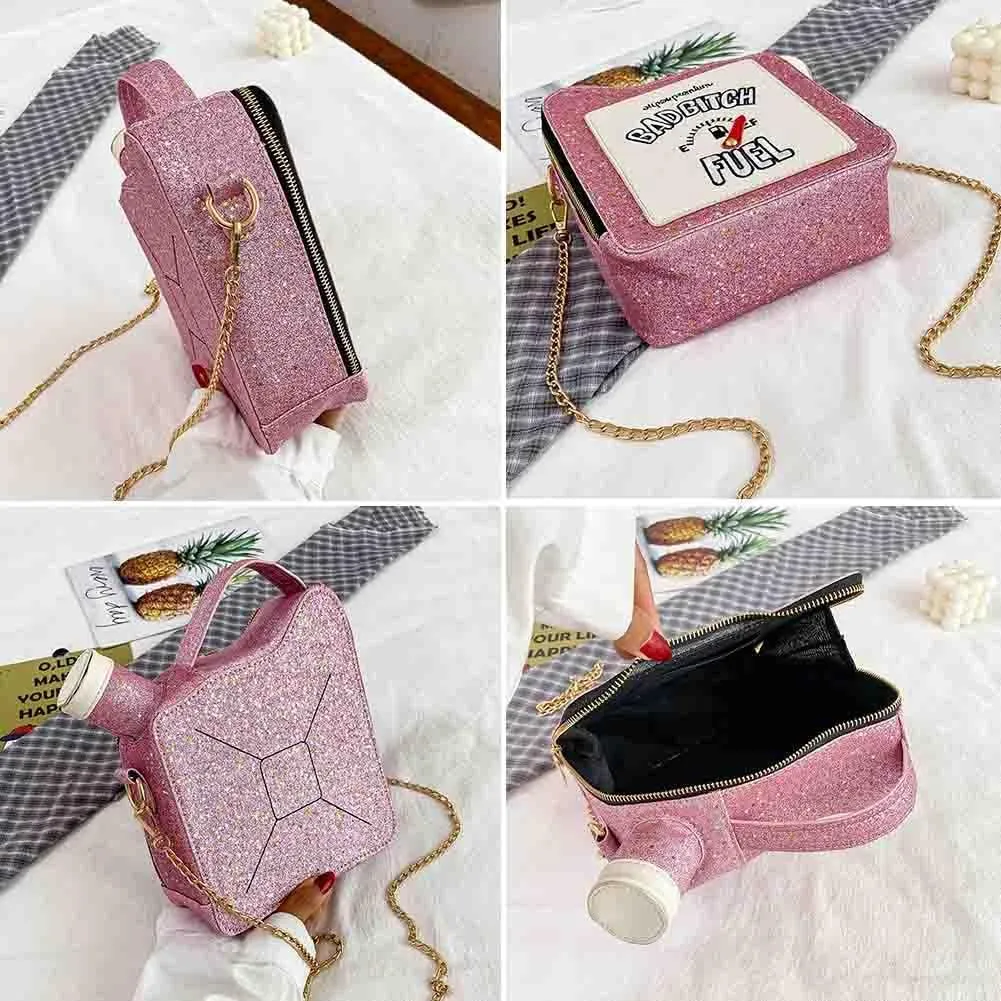 Women's Embroidered Alphabet Oil Pot Handbag, Laser Sequin Kettle Shoulder Purse, Funny Gasoline Chain Crossbody Bag Tote