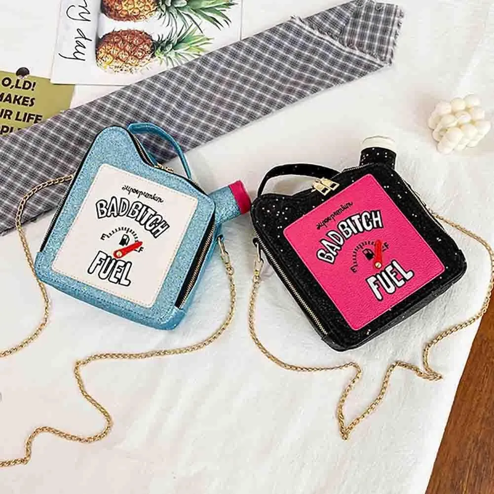 Women's Embroidered Alphabet Oil Pot Handbag, Laser Sequin Kettle Shoulder Purse, Funny Gasoline Chain Crossbody Bag Tote