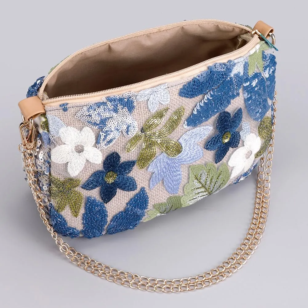 Women's Floral Embroidery Purse Sequin Beaded Shoulder Bag Summer Beach Party Purses Sparkly Evening Crossbody Bags