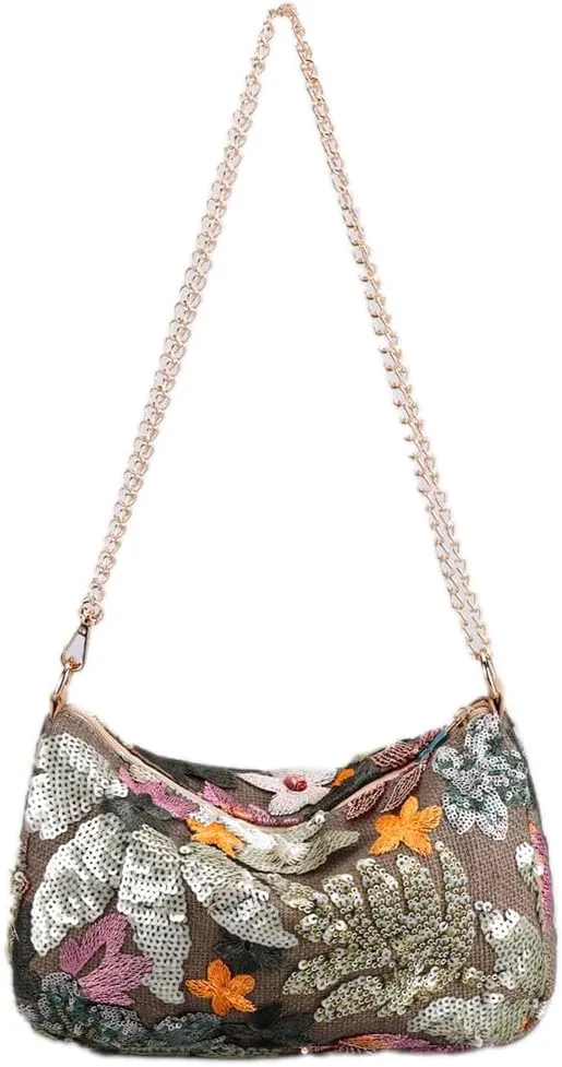 Women's Floral Embroidery Purse Sequin Beaded Shoulder Bag Summer Beach Party Purses Sparkly Evening Crossbody Bags