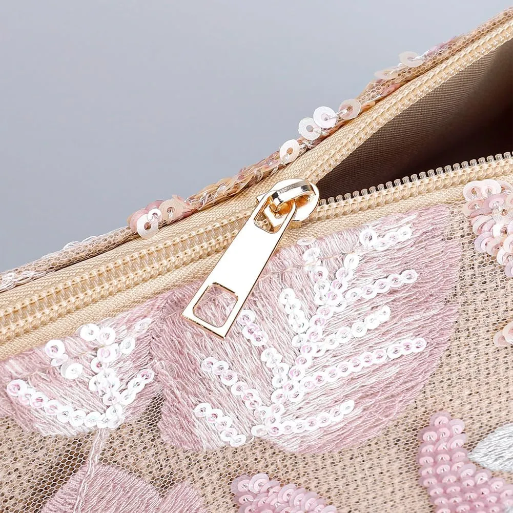 Women's Floral Embroidery Purse Sequin Beaded Shoulder Bag Summer Beach Party Purses Sparkly Evening Crossbody Bags