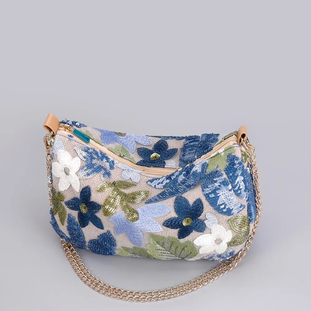 Women's Floral Embroidery Purse Sequin Beaded Shoulder Bag Summer Beach Party Purses Sparkly Evening Crossbody Bags