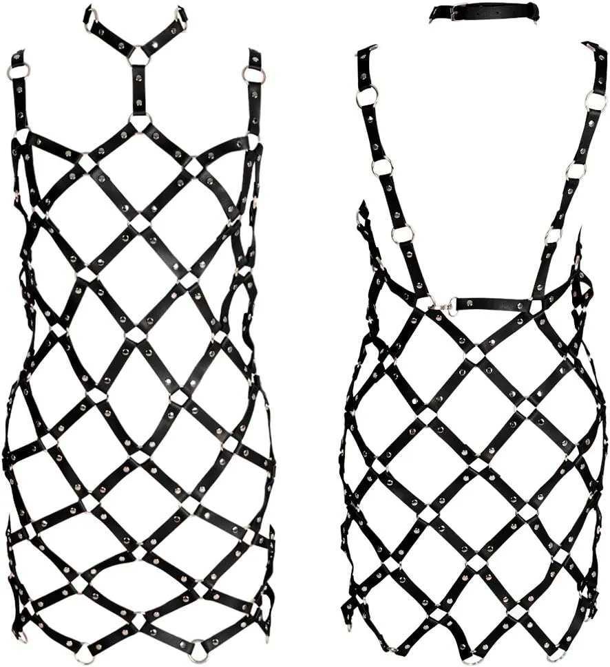 Women's full body harness bra Chest strap Punk gothic skirt Leather lingerie cage set Waist belt Dance Photography Rock