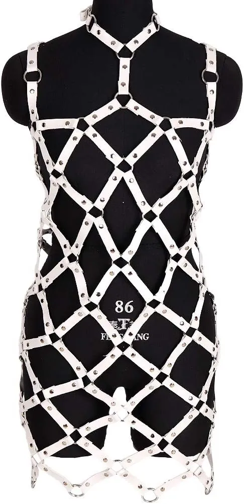 Women's full body harness bra Chest strap Punk gothic skirt Leather lingerie cage set Waist belt Dance Photography Rock